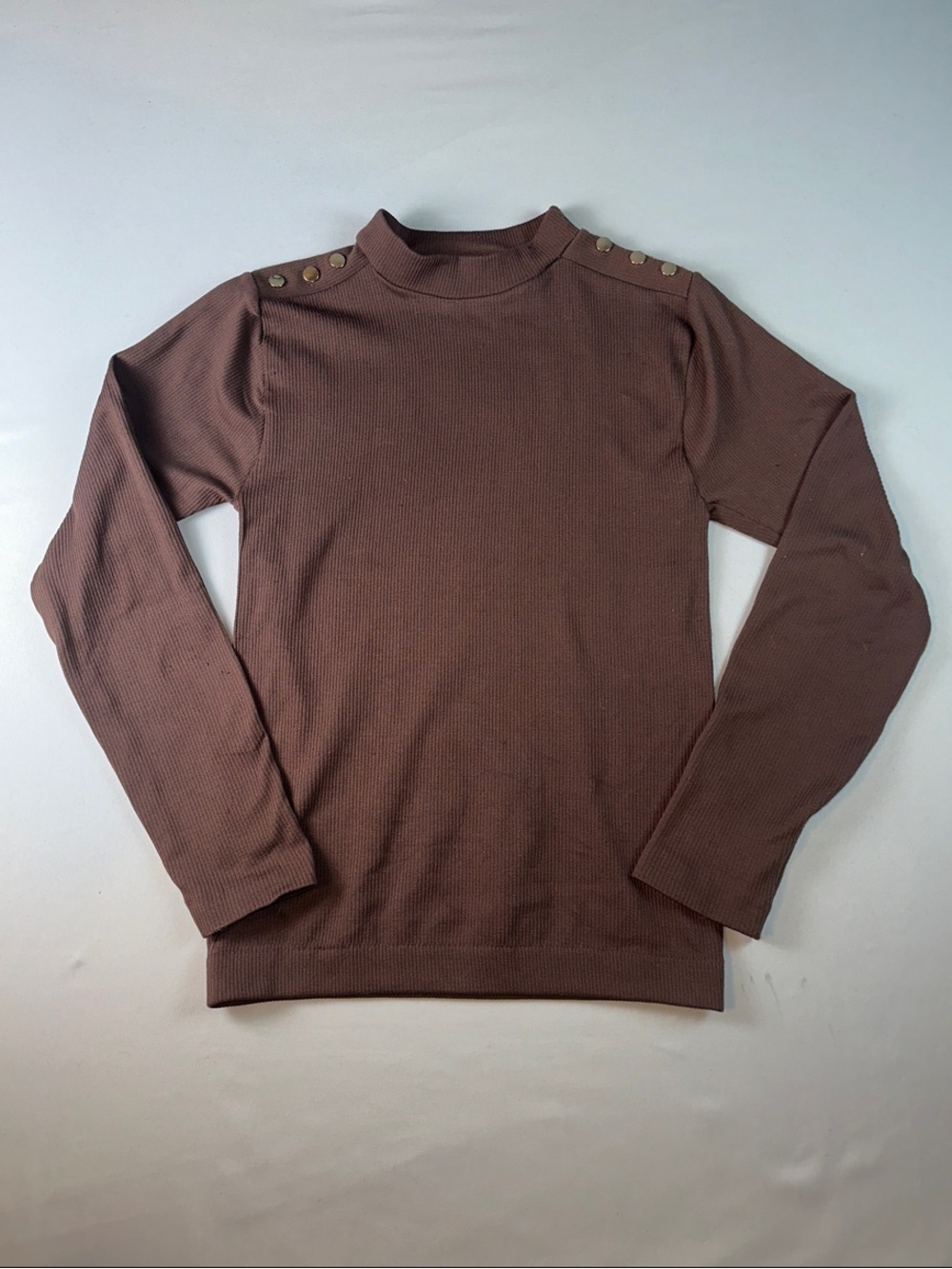 Women's Brown Ribbed Long Sleeve Shirt Gold Shoulder Button Detail